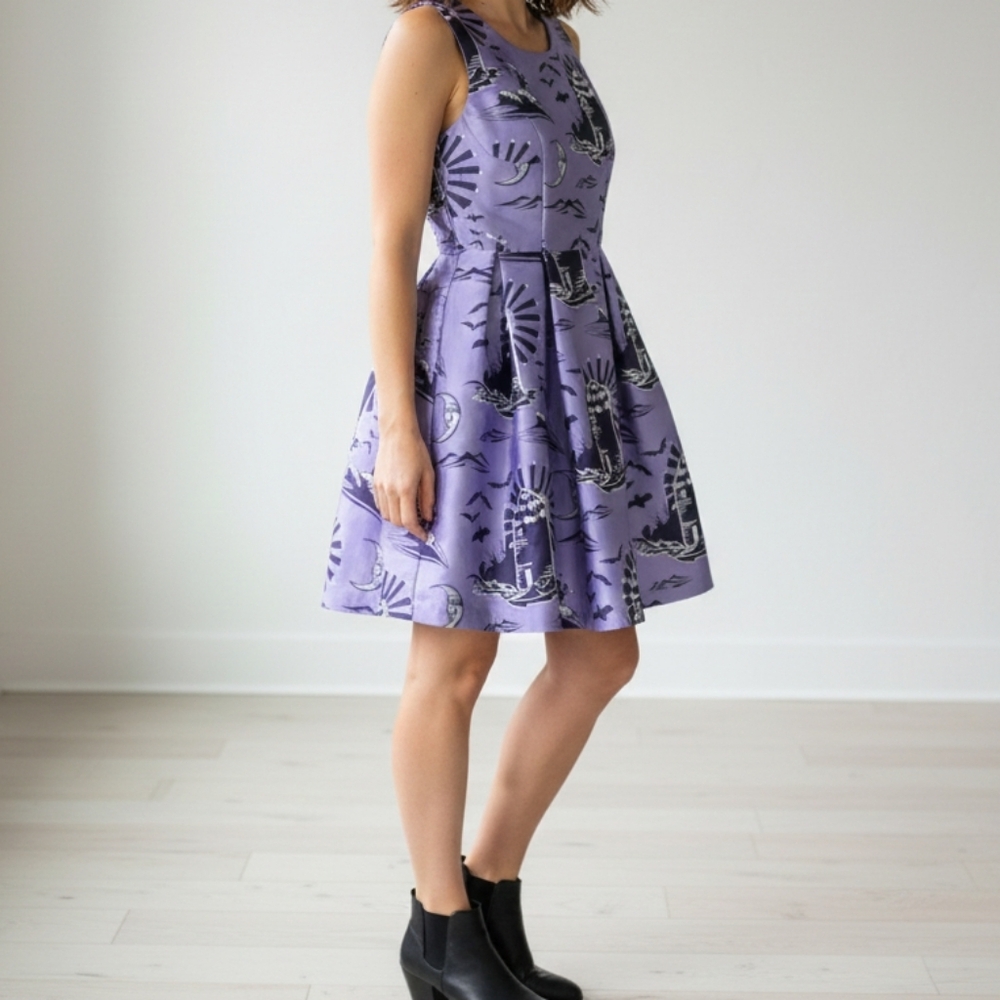 Halloween Purple Pinup Fit & Flare Dress Retro Spooky Bat Moon Print 36" Long M